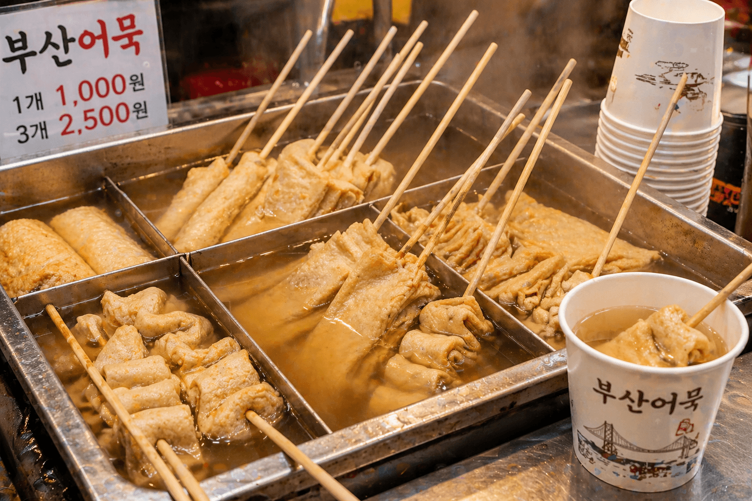 Eomuk fish cake skewers Korean street food broth
