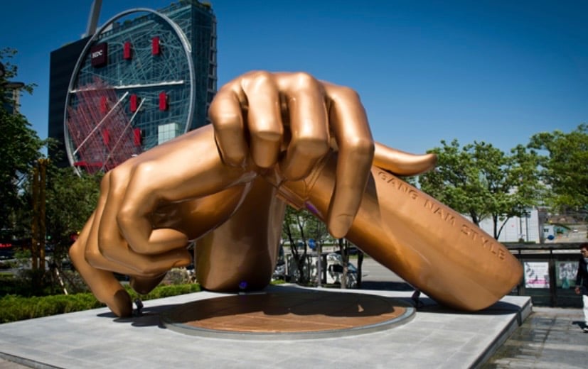 Gangnam Style PSY bronze statue COEX East Gate outdoor plaza Seoul horse dance iconic photo spot tourists